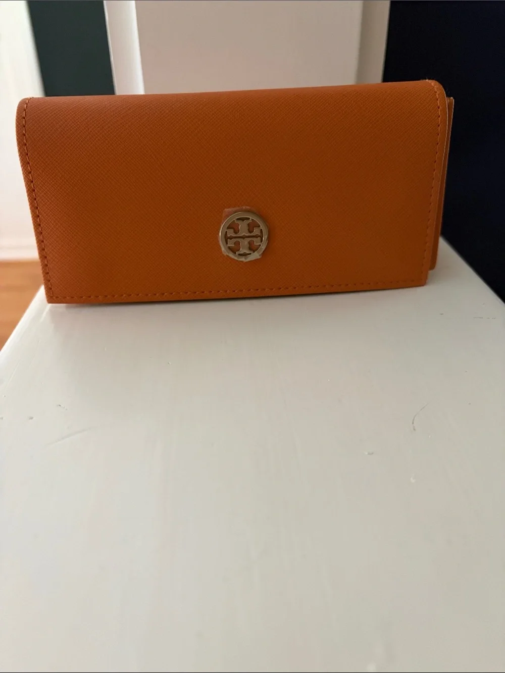 Tory Burch Bright Orange Saffiano Leather sunglasses case
